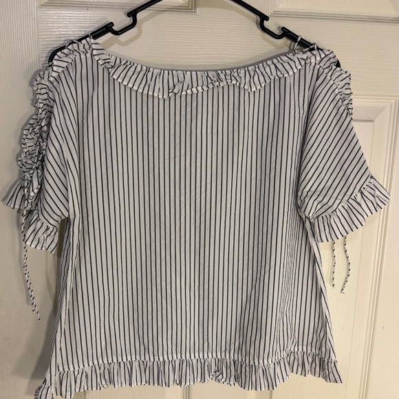 MADEWELL| Top White Blue Striped Ruffle Trim Tie Shoulder Short Sleeve| size S - Picture 2 of 7
